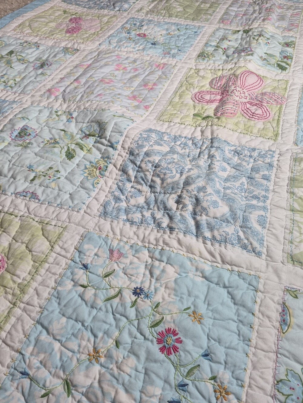Pottery Barn Pastel Patchwork Floral Quilt in Blue, Pink, Green, Cream